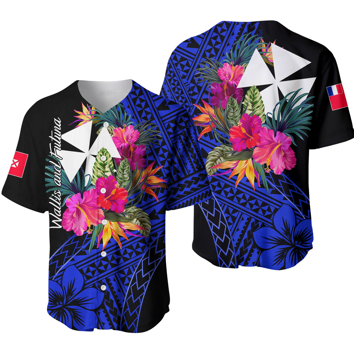 Wallis and Futuna Baseball Jersey Hibiscus Blue No.1 Color LT6 Blue - Polynesian Pride