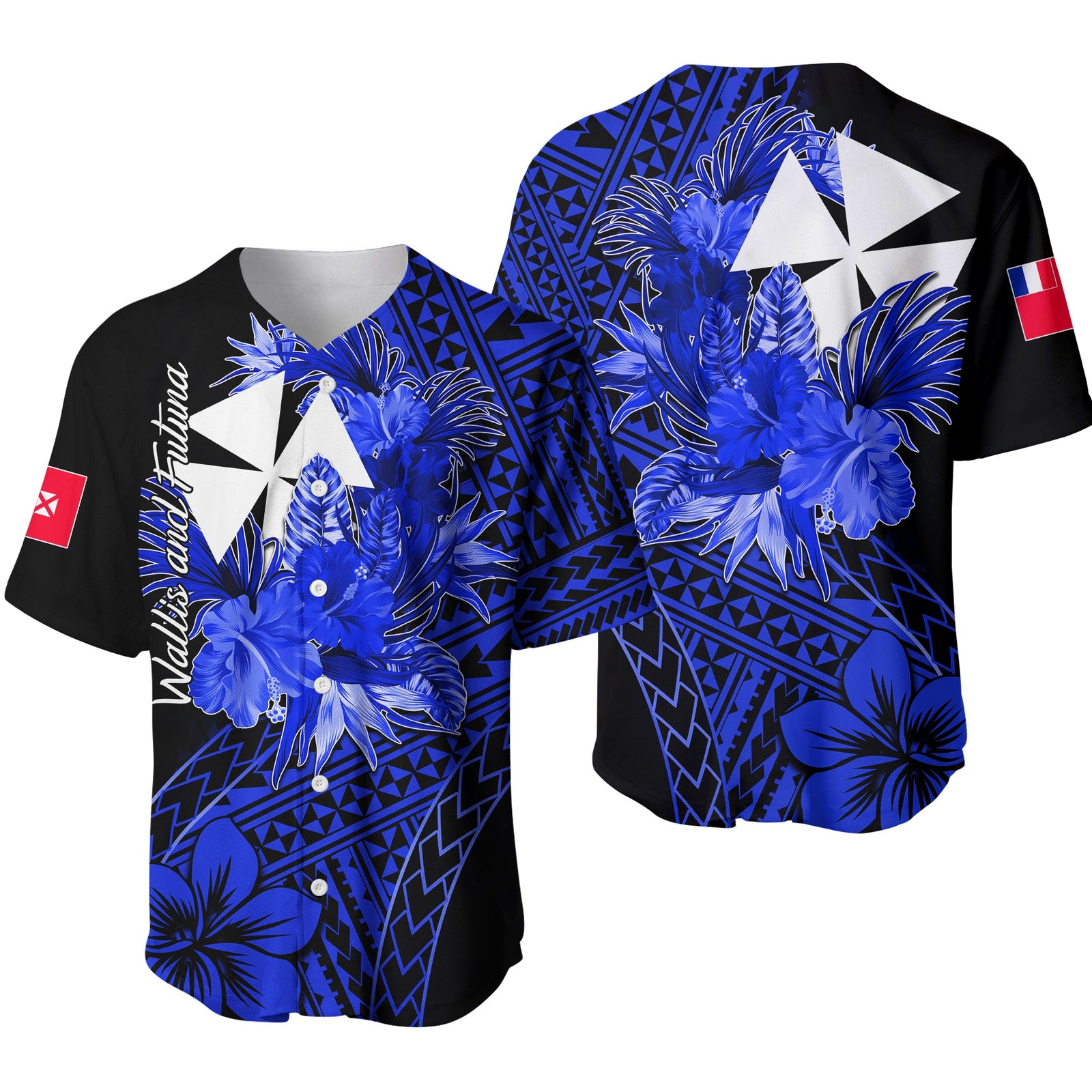 Wallis and Futuna Baseball Jersey Hibiscus Blue No.2 Color LT6 Blue - Polynesian Pride