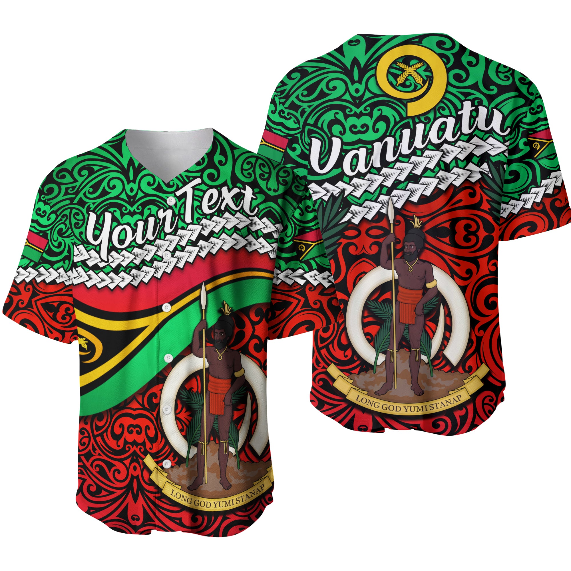 (Custom Personalised) Proud Vanuatu Baseball Jersey Pattern Mix Flag LT13 Green - Polynesian Pride