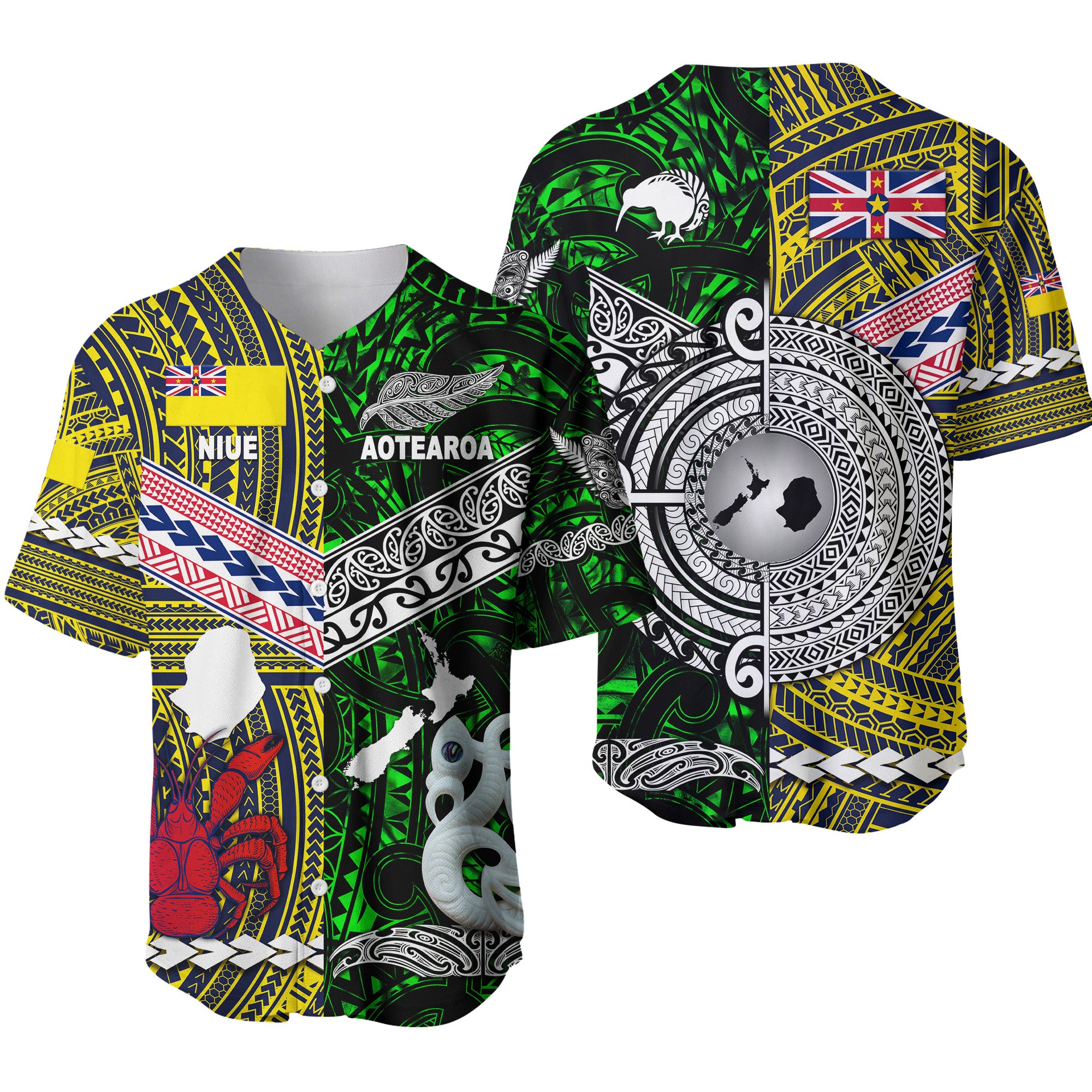 New Zealand Maori Aotearoa And Niue Together Baseball Jersey - Green LT8 - Polynesian Pride