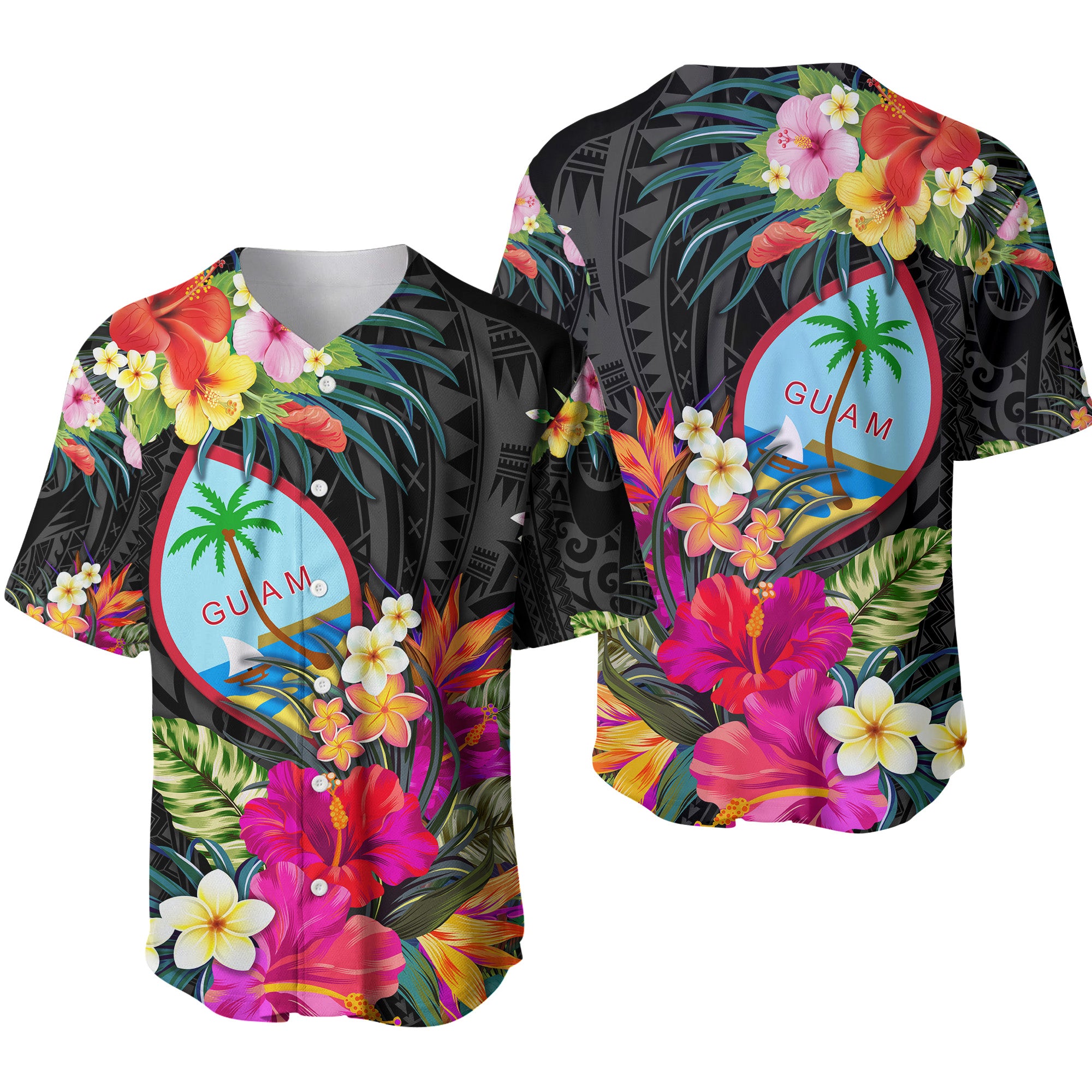 Guam Polynesian Baseball Jersey Tropical Flowers - Colorful Vibes LT8 - Polynesian Pride