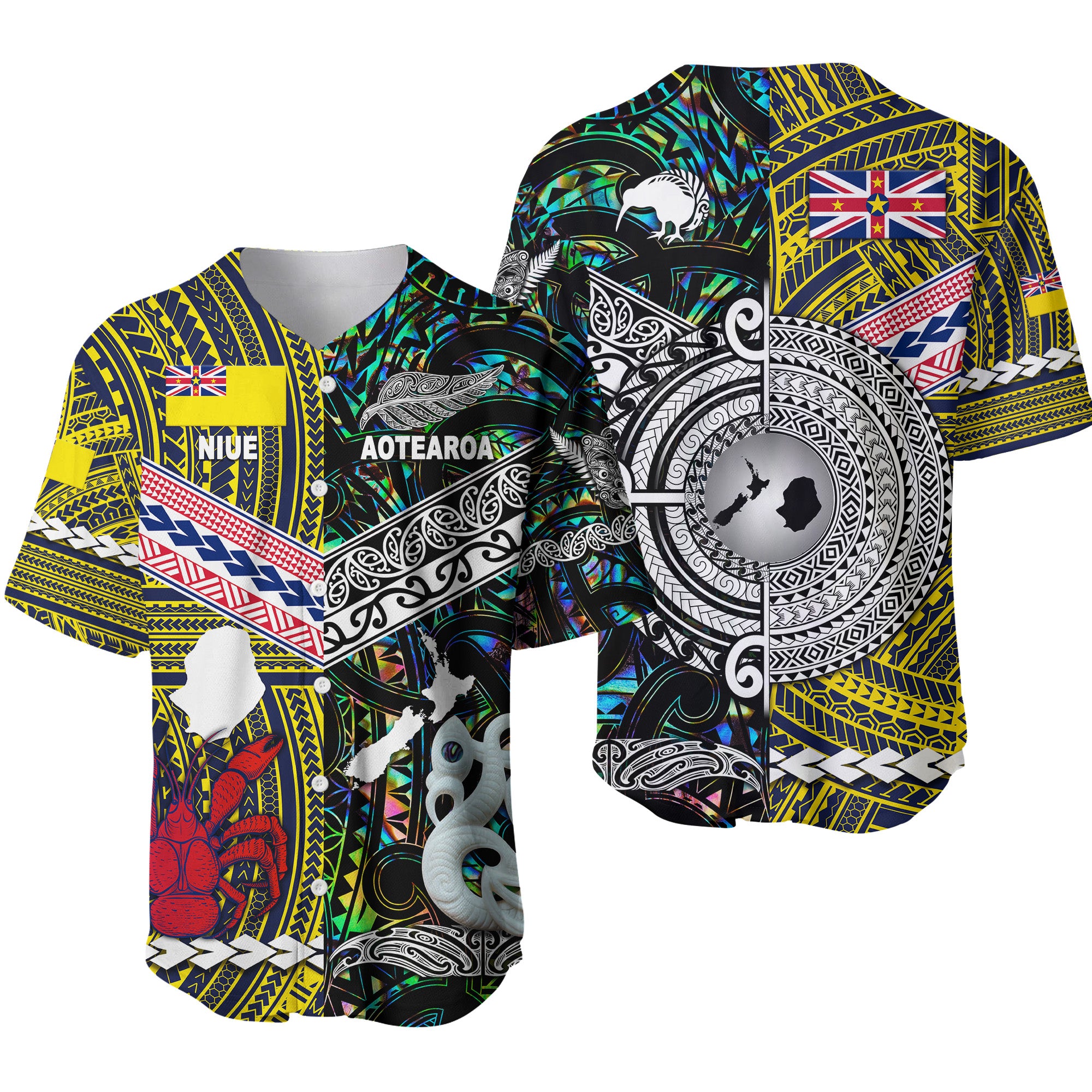 New Zealand Maori Aotearoa And Niue Together Baseball Jersey - Paua Shell LT8 - Polynesian Pride