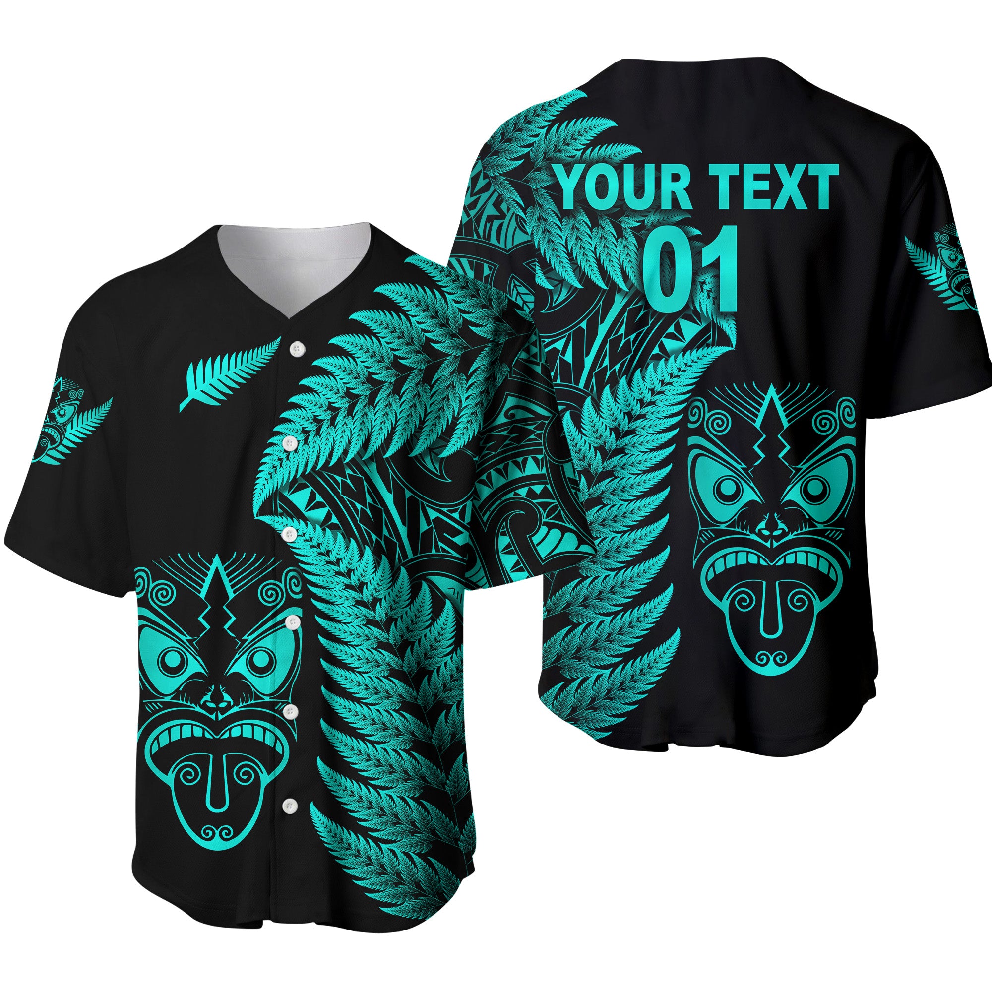 (Custom Personalised) New Zealand Haka Rugby Maori Baseball Jersey Silver Fern Vibes - Turquoise LT8 - Polynesian Pride