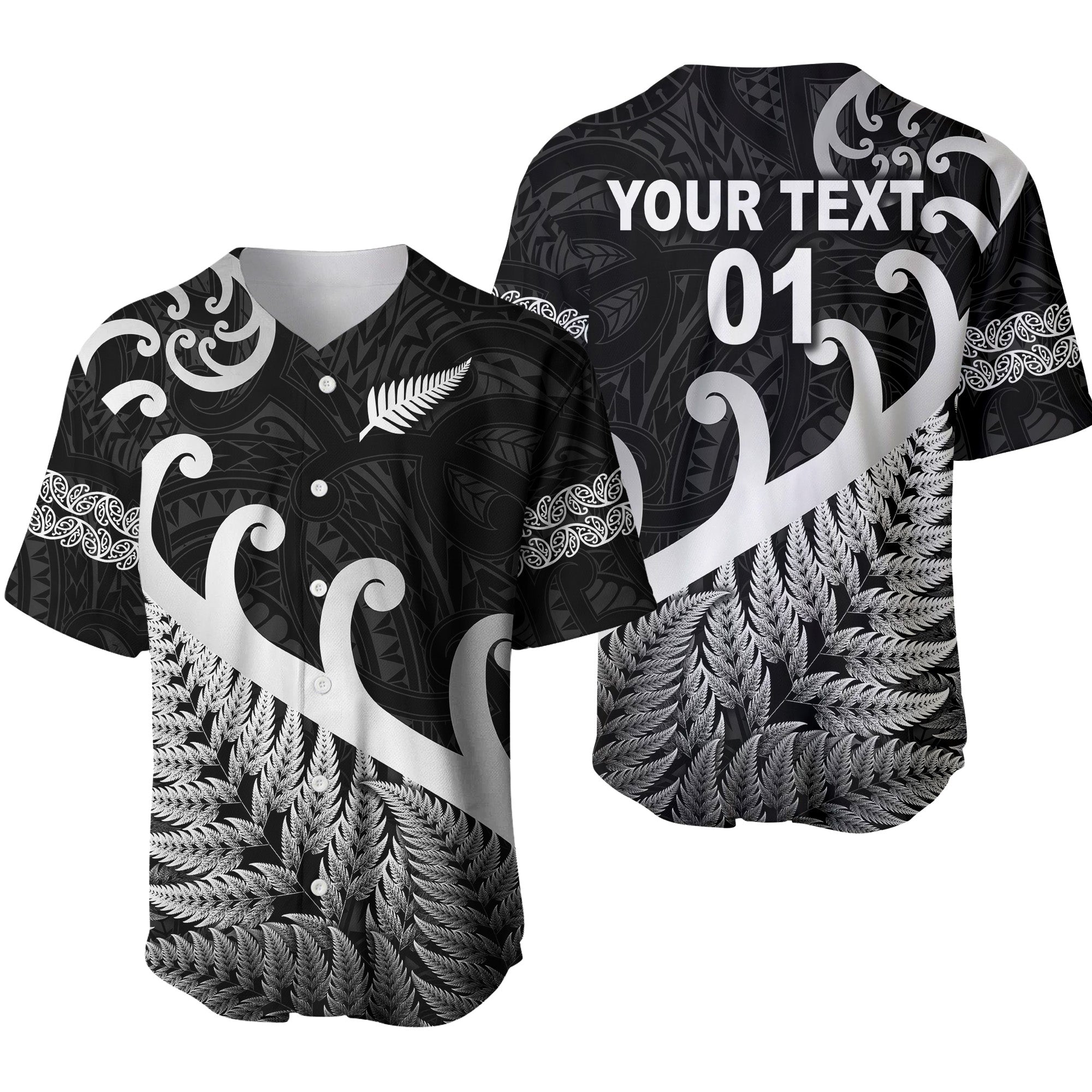 (Custom Personalised) New Zealand Rugby Maori Baseball Jersey Silver Fern Koru Vibes - Black LT8 - Polynesian Pride