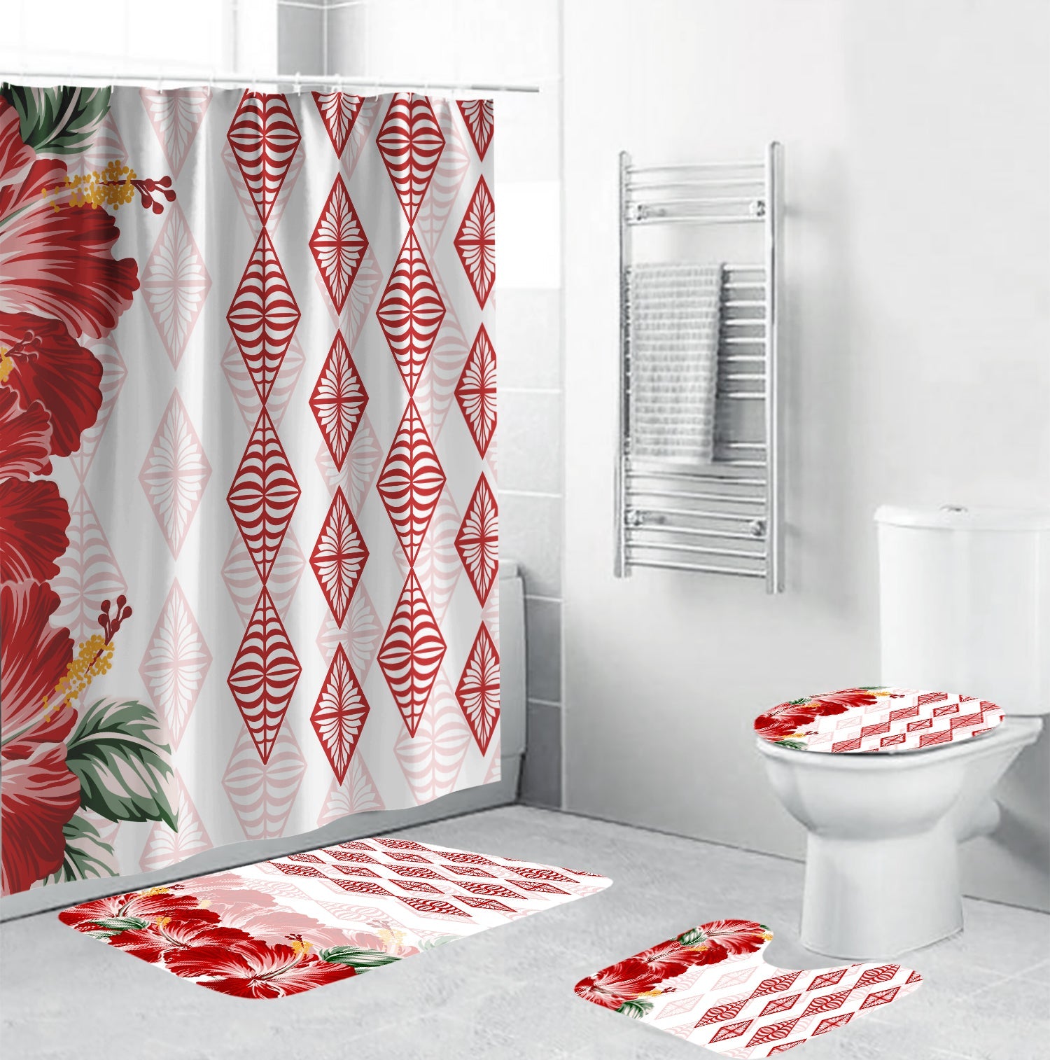 Tonga Bathroom Set Diamond Style Mix Hibiscus - Ruby LT7 Red - Polynesian Pride