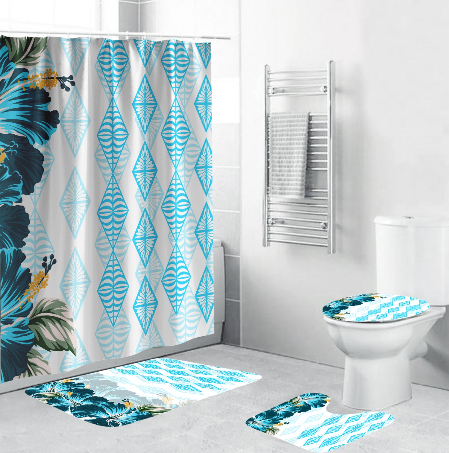 Tonga Bathroom Set Diamond Style Mix Hibiscus - Turquoise LT7 Turquoise - Polynesian Pride