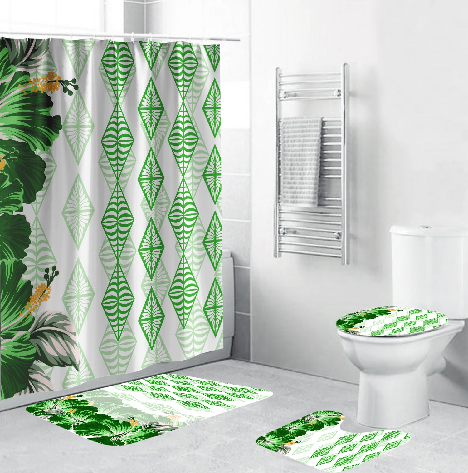 Tonga Bathroom Set Diamond Style Mix Hibiscus - Emerald LT7 Green - Polynesian Pride