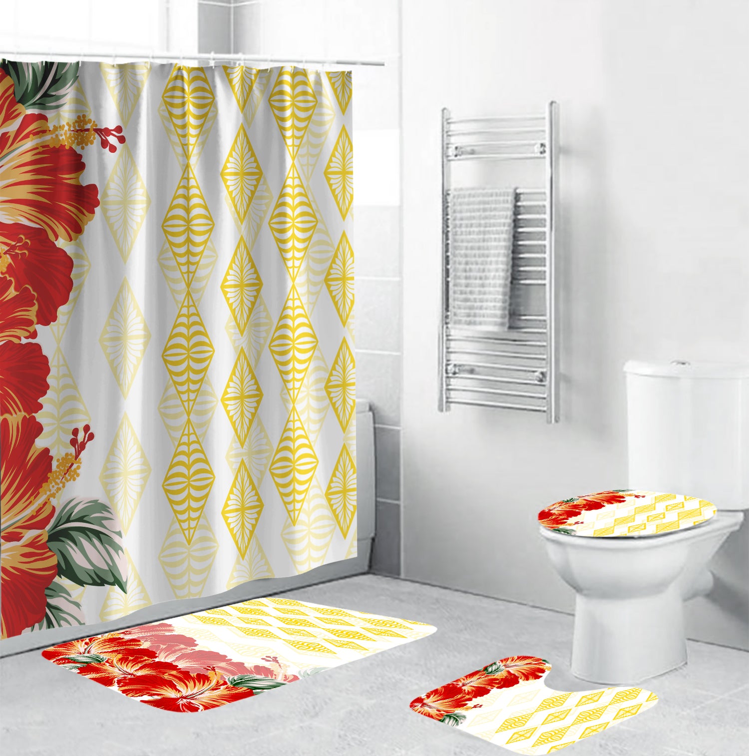 Tonga Bathroom Set Diamond Style Mix Hibiscus - Amber LT7 Yellow - Polynesian Pride