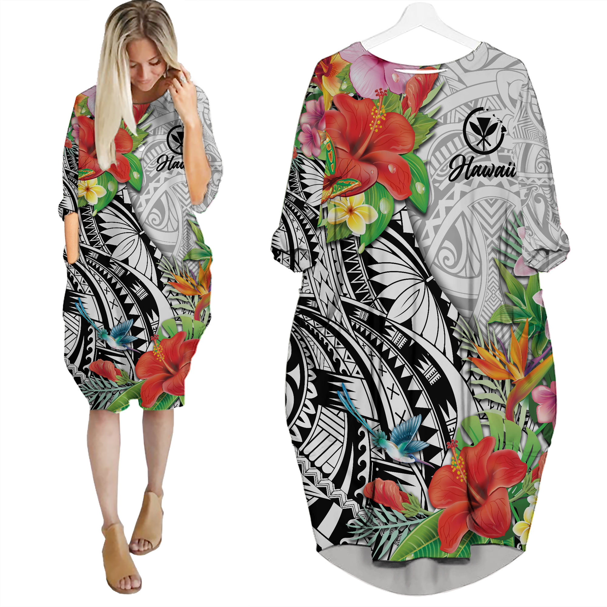 Hawaii Hibiscus Kanaka Polynesia Batwing Pocket Dress - LT2 Women WHITE - Polynesian Pride