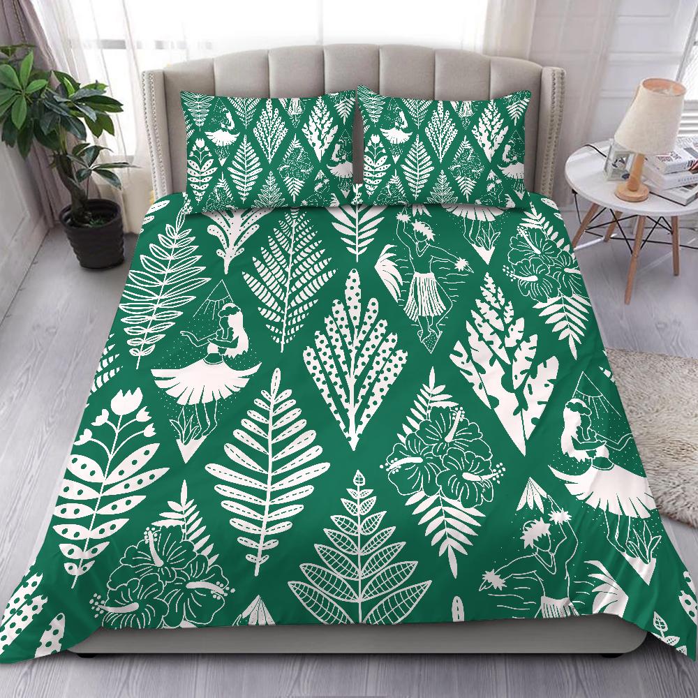 Hawaii Hula Girls Hibiscus Tropical Bedding Set - Green Style - AH Green - Polynesian Pride