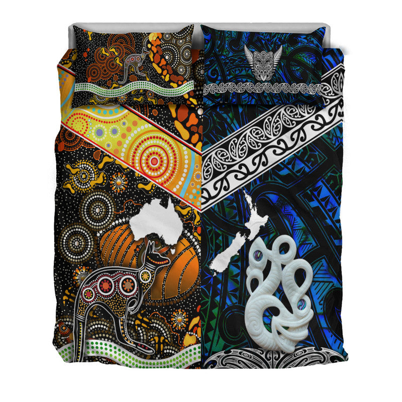 New Zealand Maori Aotearoa And Australia Aboriginal Bedding Set Together - Blue LT8 - Polynesian Pride