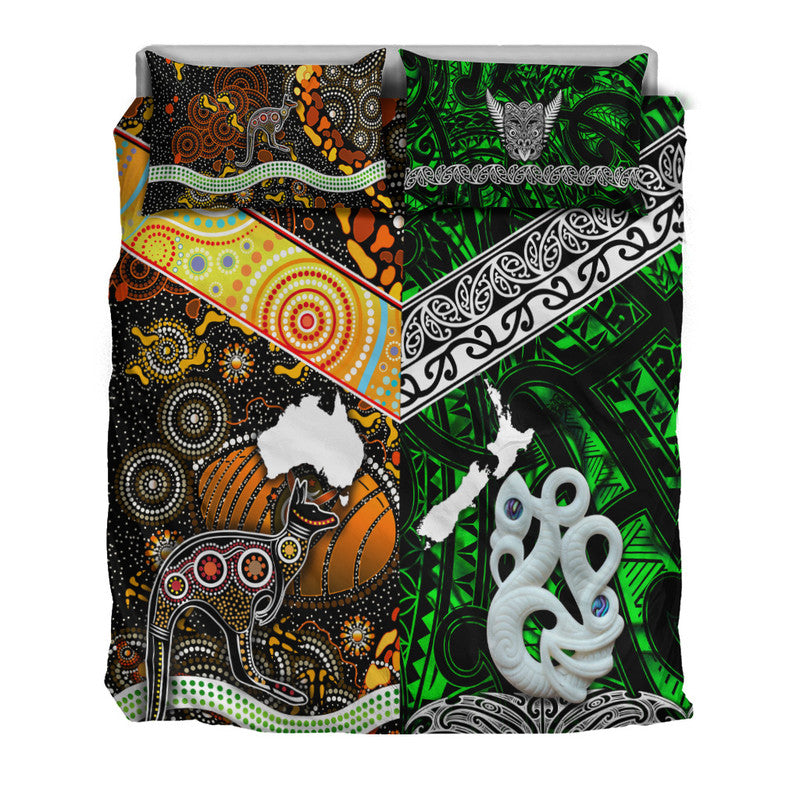 New Zealand Maori Aotearoa And Australia Aboriginal Bedding Set Together - Green LT8 - Polynesian Pride
