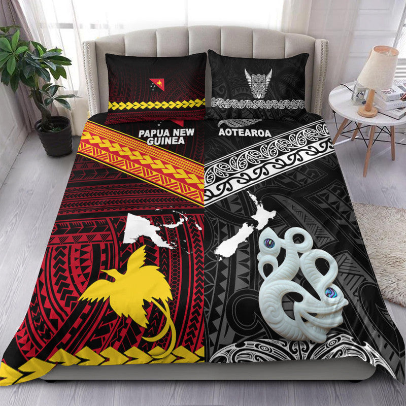 New Zealand And Papua New Guinea Bedding Set Together - Black LT8 Black - Polynesian Pride