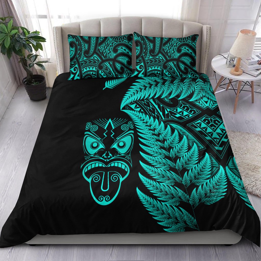 New Zealand Haka Rugby Maori Bedding Set Silver Fern Vibes - Turquoise LT8 Turquoise - Polynesian Pride