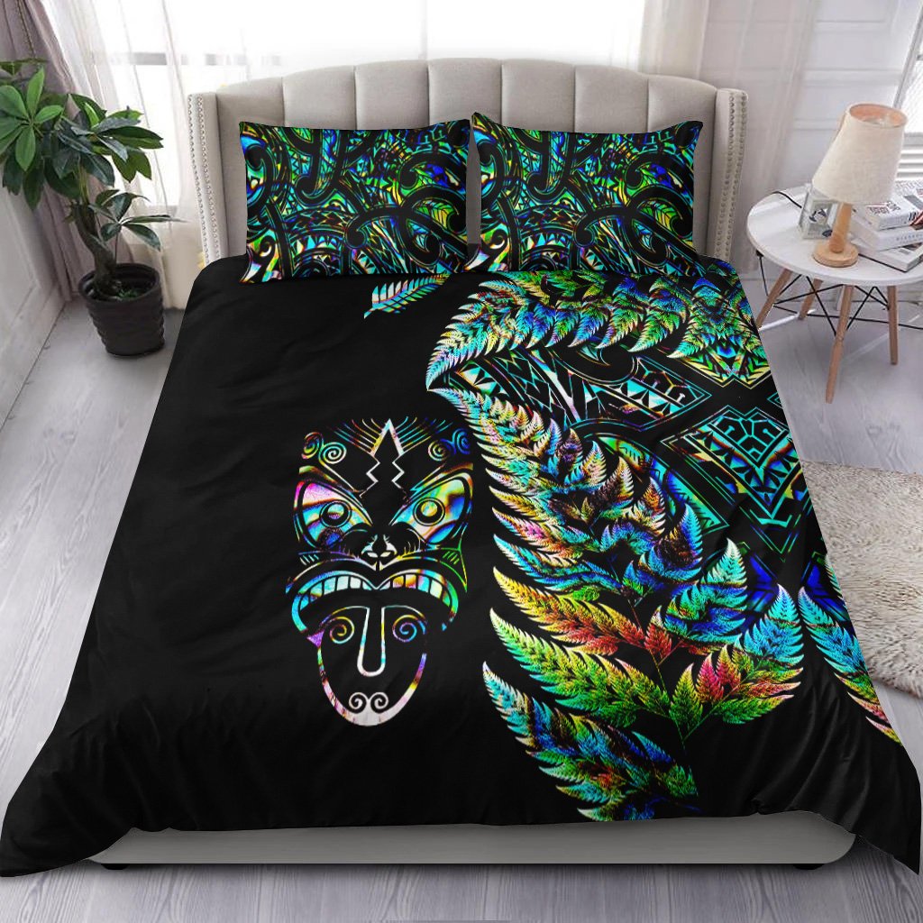 New Zealand Haka Rugby Maori Bedding Set Silver Fern Vibes - Paua Shell LT8 Green - Polynesian Pride