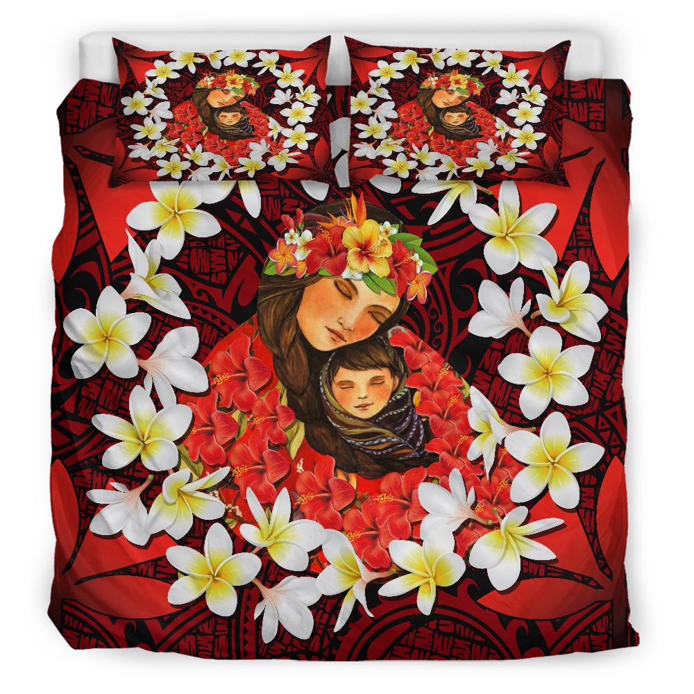 Kanaka Mother And Child Plumeria Leis Polynesian Bedding Set - Warm Heart - AH - Polynesian Pride