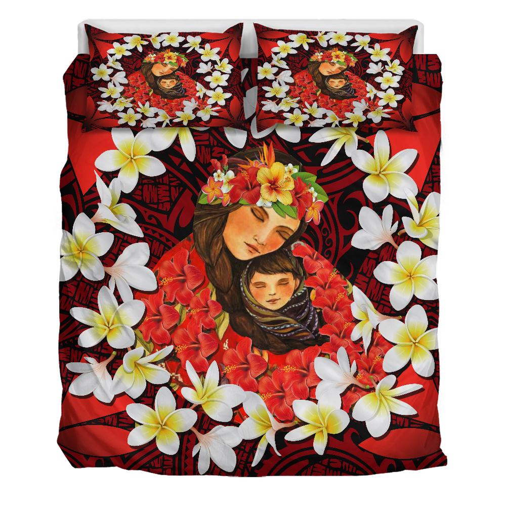 Kanaka Mother And Child Plumeria Leis Polynesian Bedding Set - Warm Heart - AH - Polynesian Pride