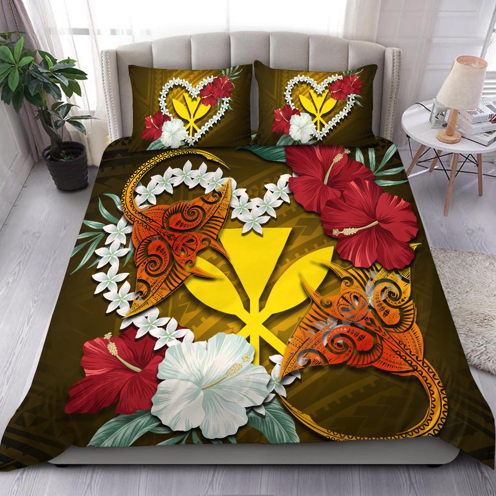 Kanaka Manta Ray Plumeria Heart Polynesian Bedding Set - Sea Flower - AH Black - Polynesian Pride