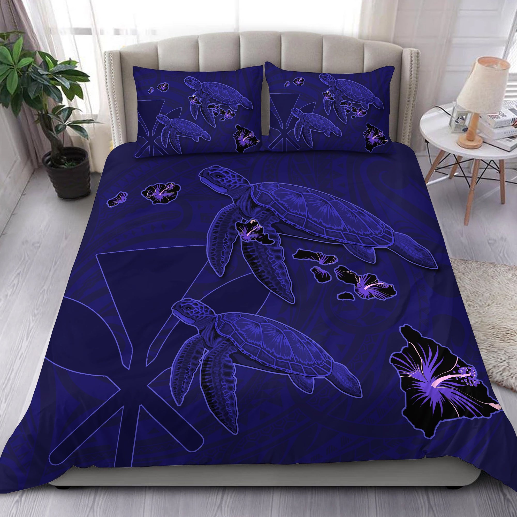 Hawaii Turtle Hibiscus Kanaka Map Polynesian Bedding Set - Aura Style - AH Blue - Polynesian Pride