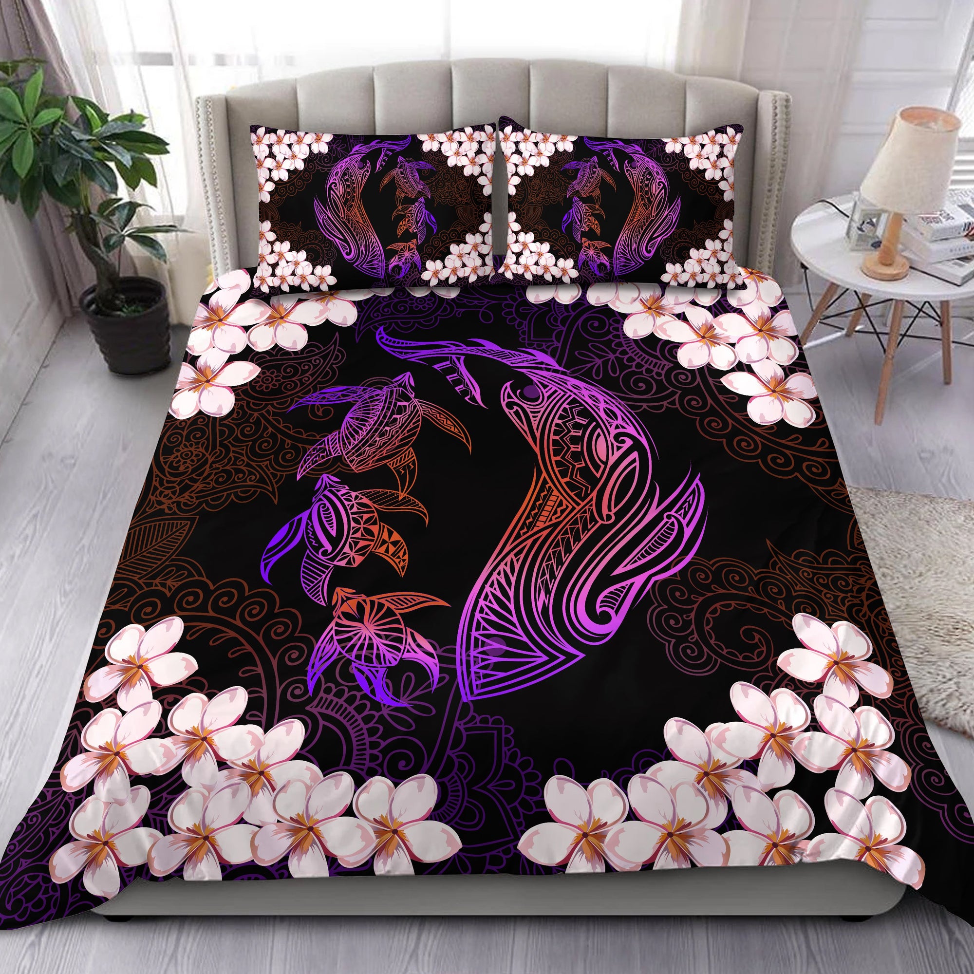 Hawaiian Shark Turtle Plumeria Bedding Set - Pink Orange - Zelda Style - AH Black - Polynesian Pride