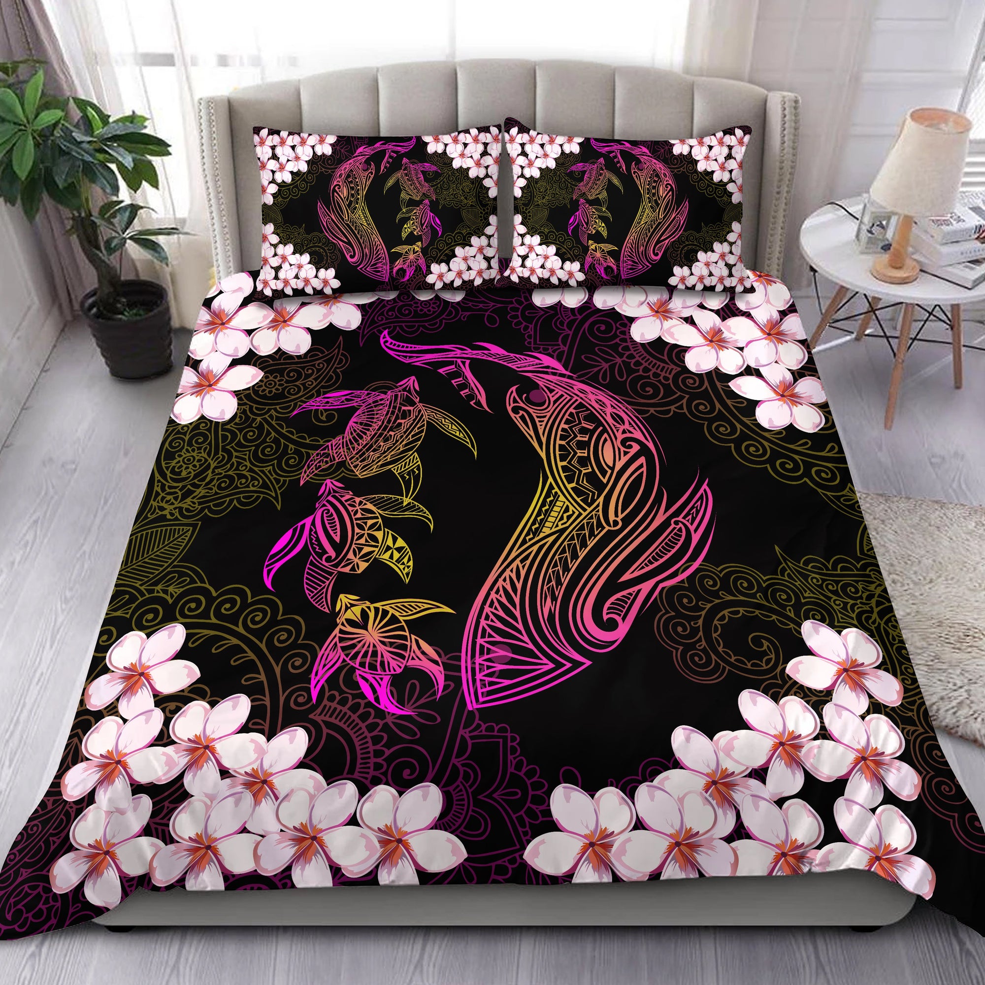 Hawaiian Shark Turtle Plumeria Bedding Set - Black And Pink - Zelda Style - AH Black - Polynesian Pride