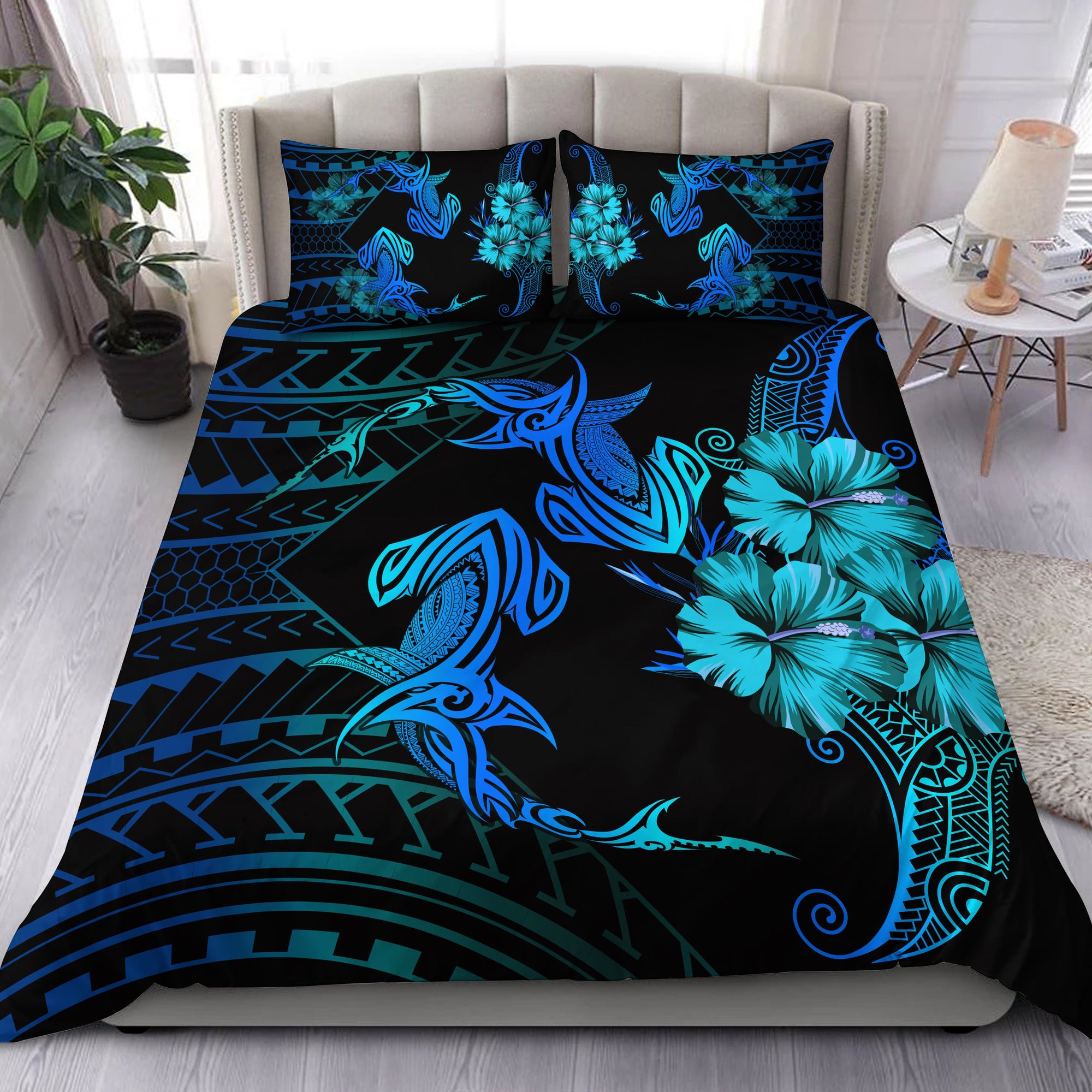 Hawaii Couple Shark Hibiscus Polynesian Bedding Set - Blue - Mina Style - AH Blue - Polynesian Pride