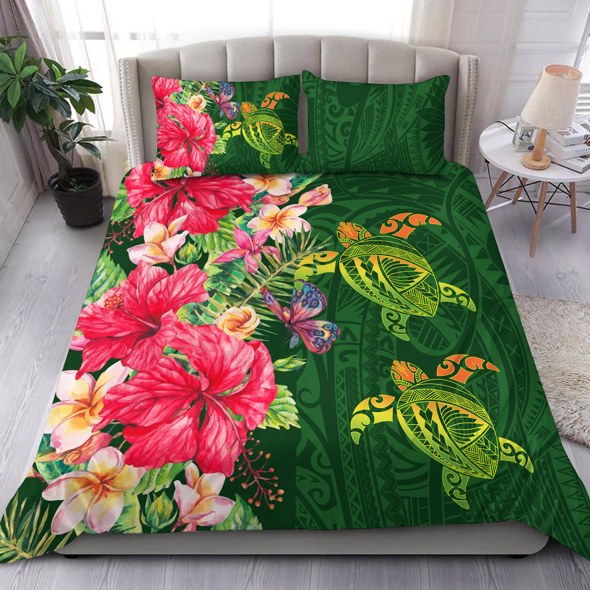 Hawaii Turtle Hibiscus Plumeria Polynesian Bedding Set - Cala Style - AH Green - Polynesian Pride