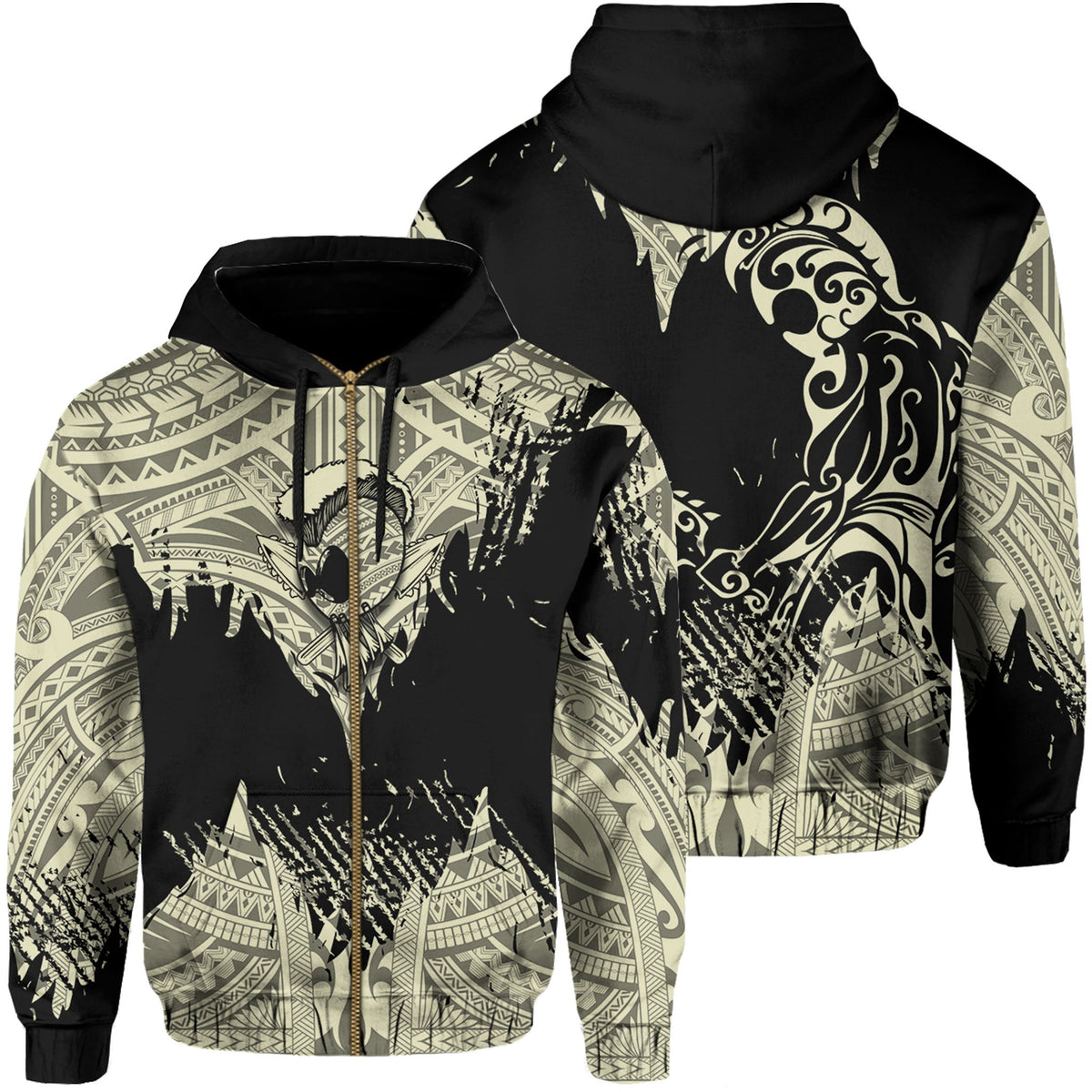 Hawaii Polynesian Hoodie Zip Warrior Ikaika Benjamin Style Beige Unisex Black - Polynesian Pride
