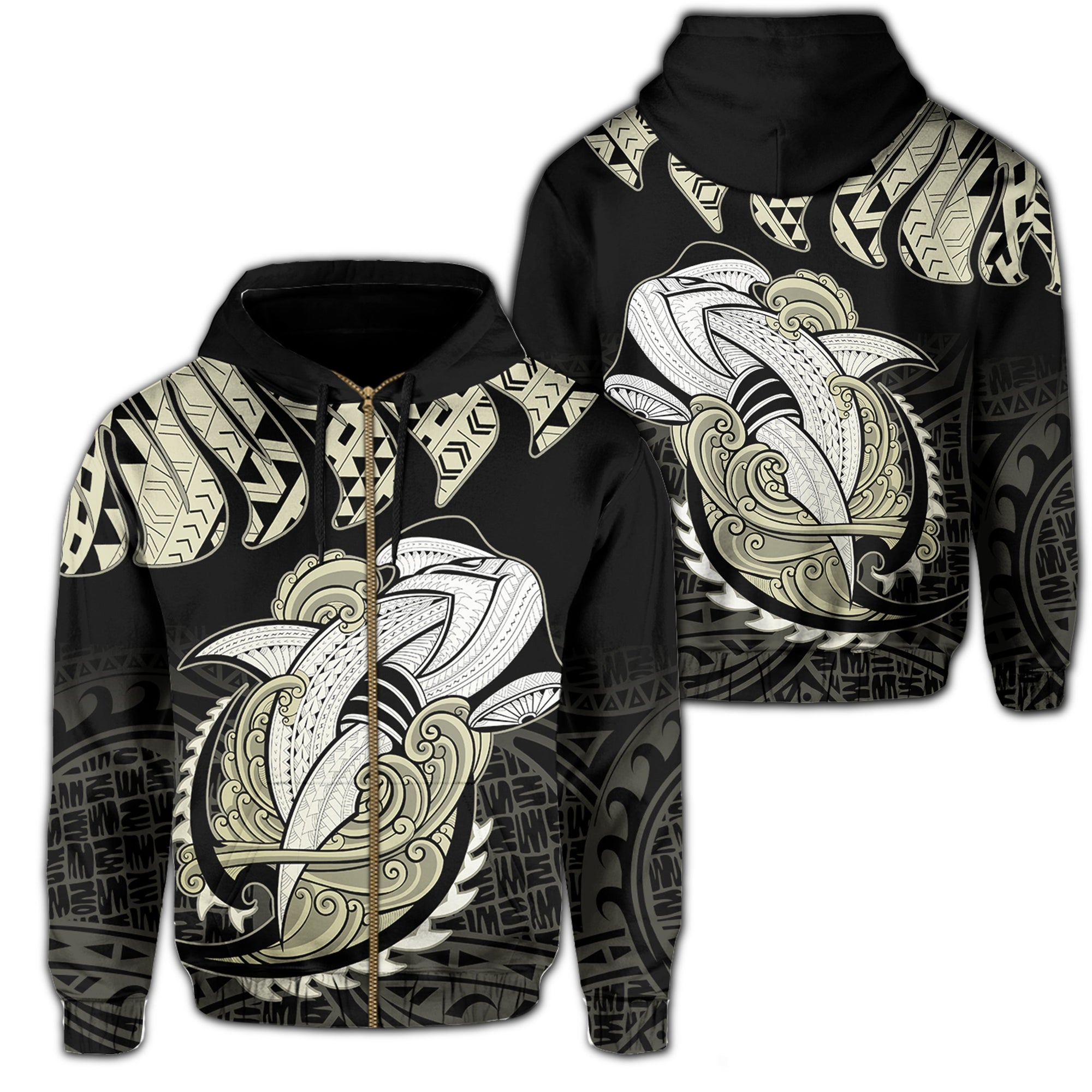 Hawaii Polynesian Aumakua Hammerhead Shark Hoodie Zip Cloud Style Beige Unisex Beige - Polynesian Pride