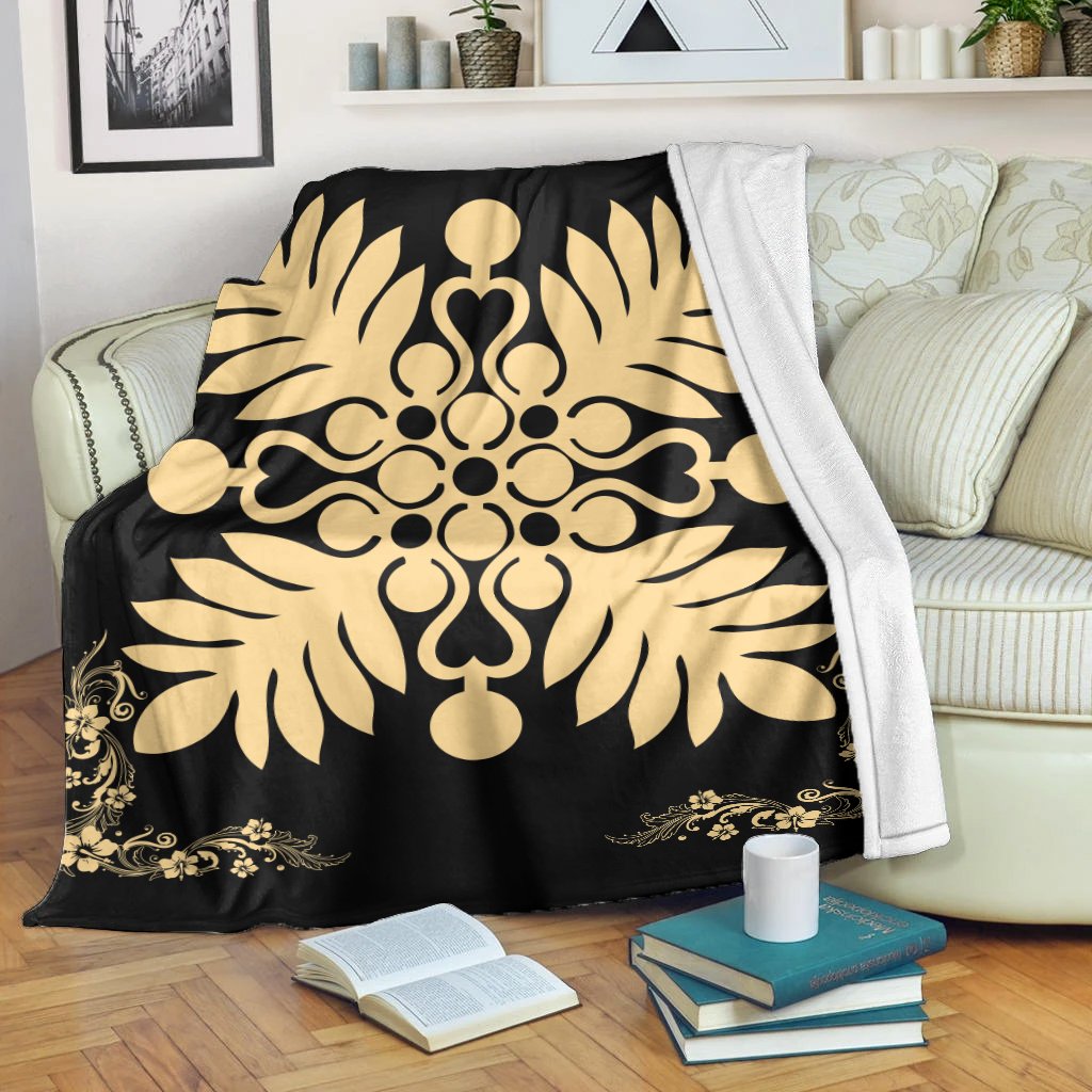 Hawaiian Quilt Maui Plant And Hibiscus Premium Blanket - Beige Black - AH White - Polynesian Pride