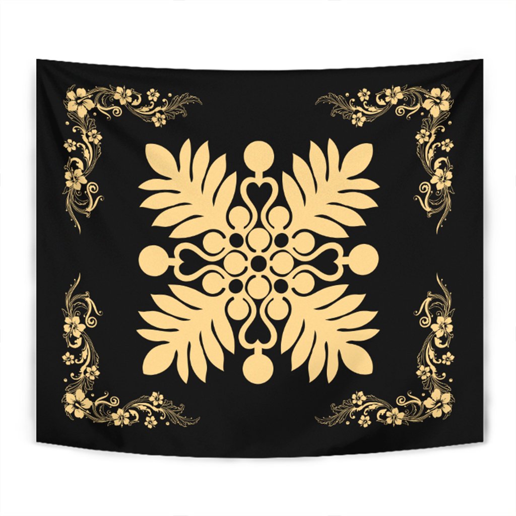 Hawaiian Quilt Maui Plant And Hibiscus Tappestry - Beige Black - AH Wall Tapestry Beige - Polynesian Pride