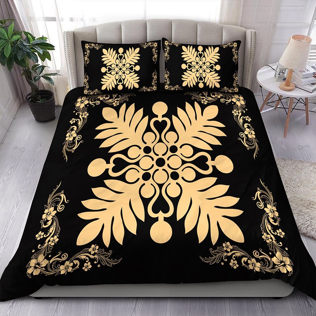 Hawaiian Quilt Maui Plant And Hibiscus Pattern Bedding Set - Beige Black - AH Beige - Polynesian Pride