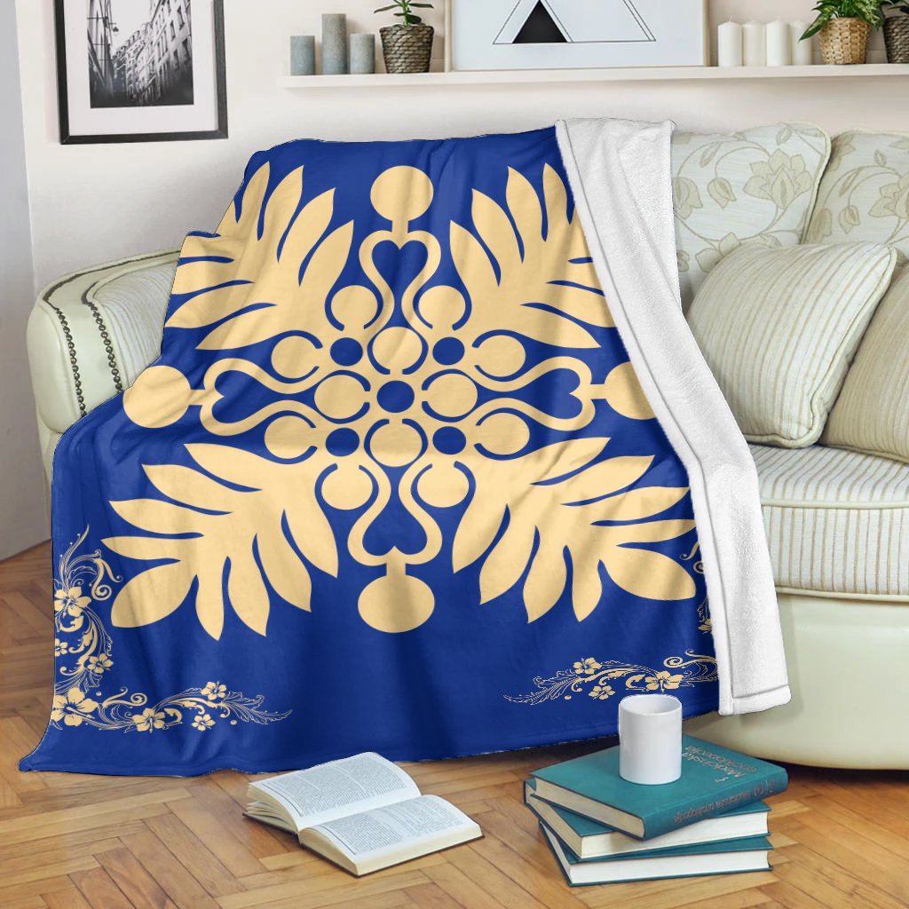 Hawaiian Quilt Maui Plant And Hibiscus Premium Blanket - Beige Blue - AH White - Polynesian Pride