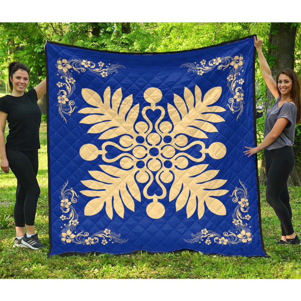 Hawaiian Quilt Maui Plant And Hibiscus Premium Quilt - Beige Blue - AH Beige - Polynesian Pride