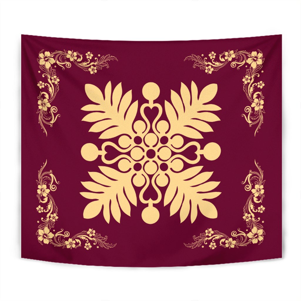 Hawaiian Quilt Maui Plant And Hibiscus Tappestry - Beige Burgundy - AH Wall Tapestry Beige - Polynesian Pride