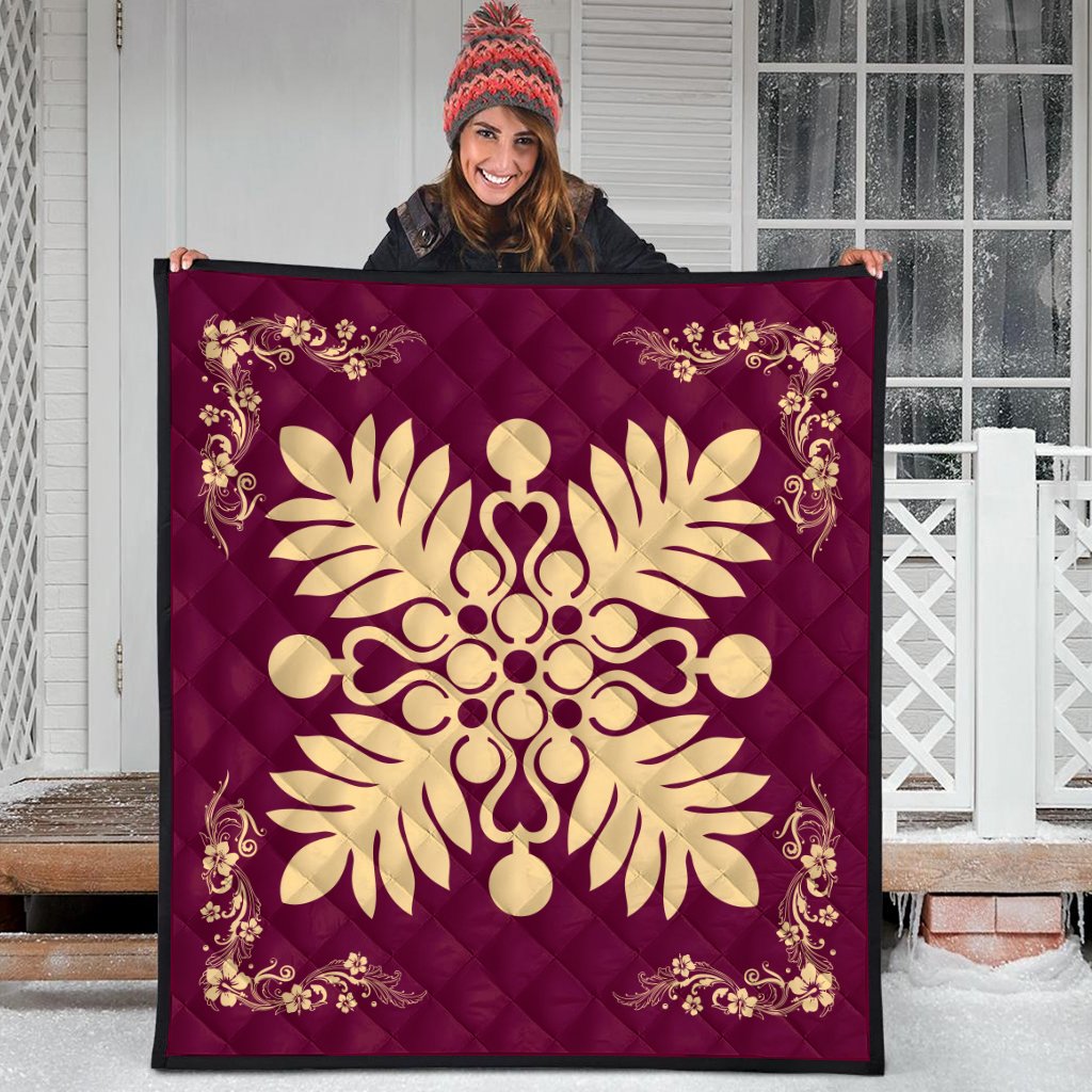 Hawaiian Quilt Maui Plant And Hibiscus Premium Quilt - Beige Burgundy - AH - Polynesian Pride
