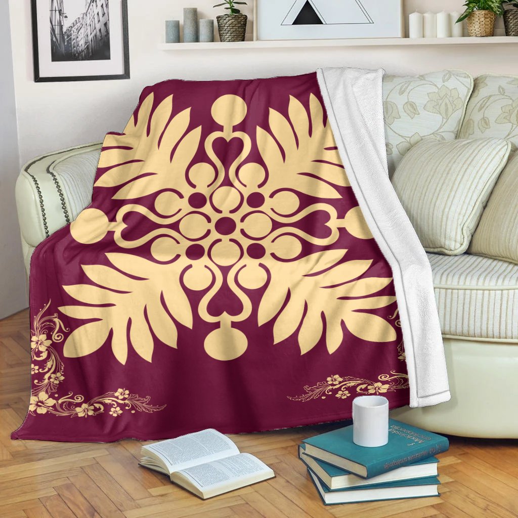 Hawaiian Quilt Maui Plant And Hibiscus Premium Blanket - Beige Burgundy - AH White - Polynesian Pride