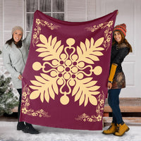 Hawaiian Quilt Maui Plant And Hibiscus Premium Blanket - Beige Burgundy - AH - Polynesian Pride