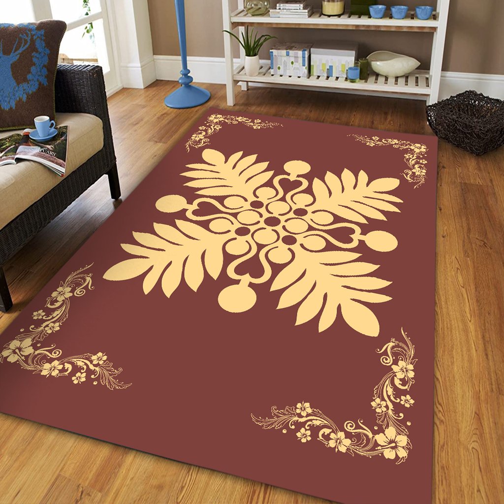Hawaiian Quilt Maui Plant And Hibiscus Pattern Area Rug - Beige Coral - AH - Polynesian Pride