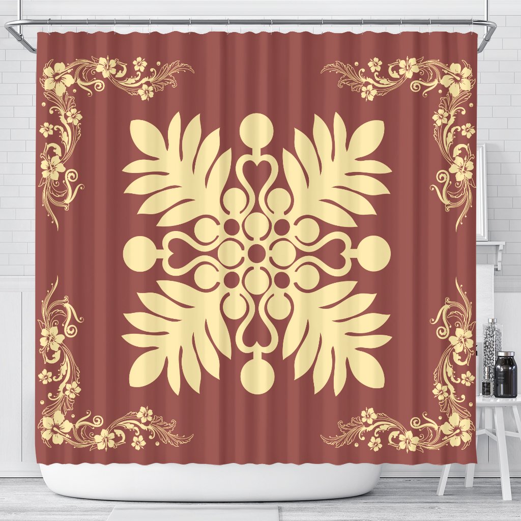 Hawaiian Quilt Maui Plant And Hibiscus Shower Curtain - Beige Coral - AH 177 x 172 (cm) Beige - Polynesian Pride