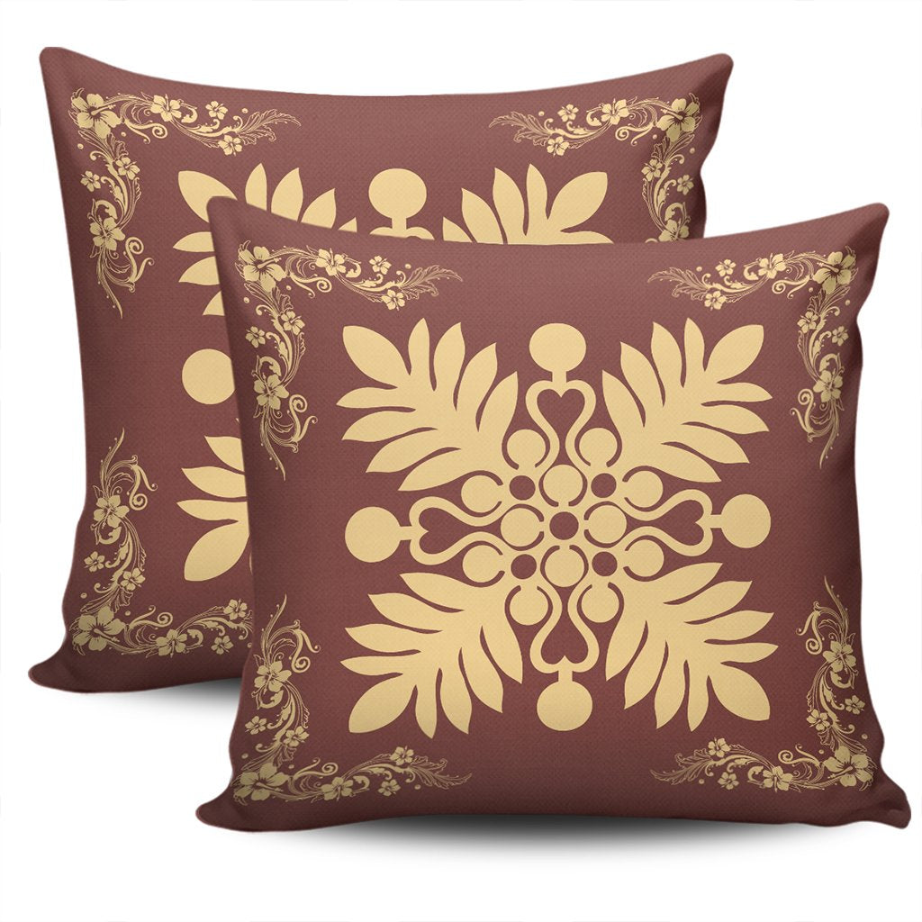 Hawaiian Quilt Maui Plant And Hibiscus Pattern Pillow Covers - Beige Coral - AH - Polynesian Pride