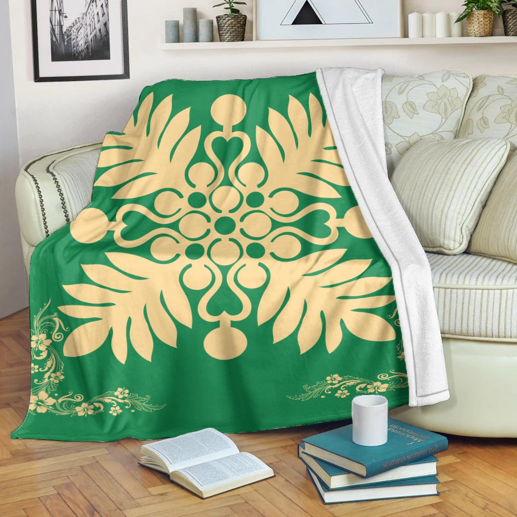 Hawaiian Quilt Maui Plant And Hibiscus Premium Blanket - Beige Green - AH White - Polynesian Pride