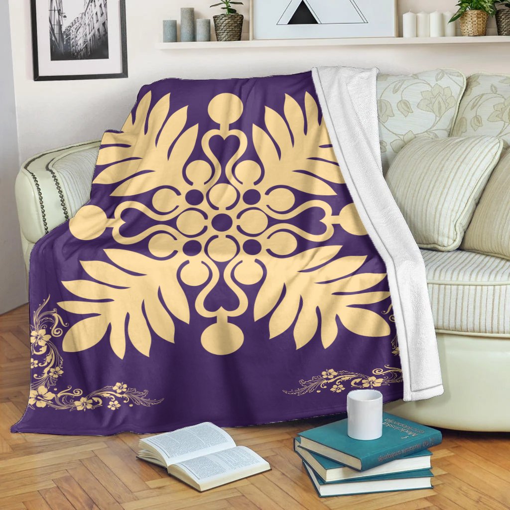 Hawaiian Quilt Maui Plant And Hibiscus Premium Blanket - Beige Purple - AH White - Polynesian Pride