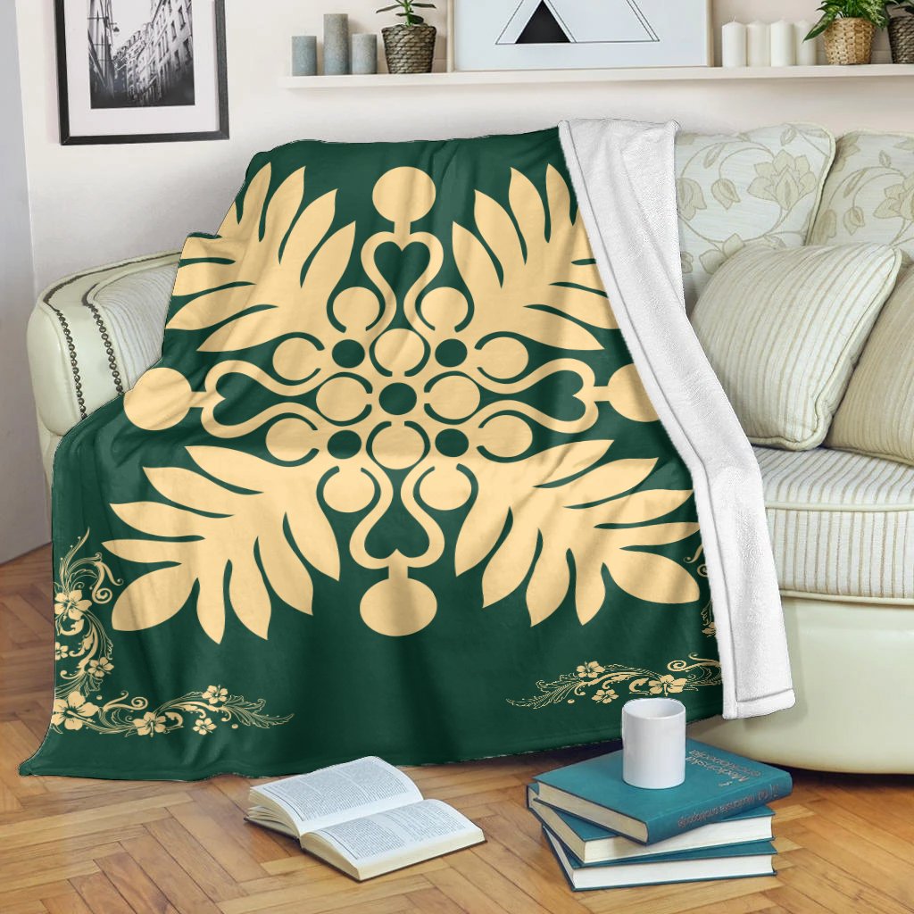 Hawaiian Quilt Maui Plant And Hibiscus Premium Blanket - Beige Sacramento - AH White - Polynesian Pride