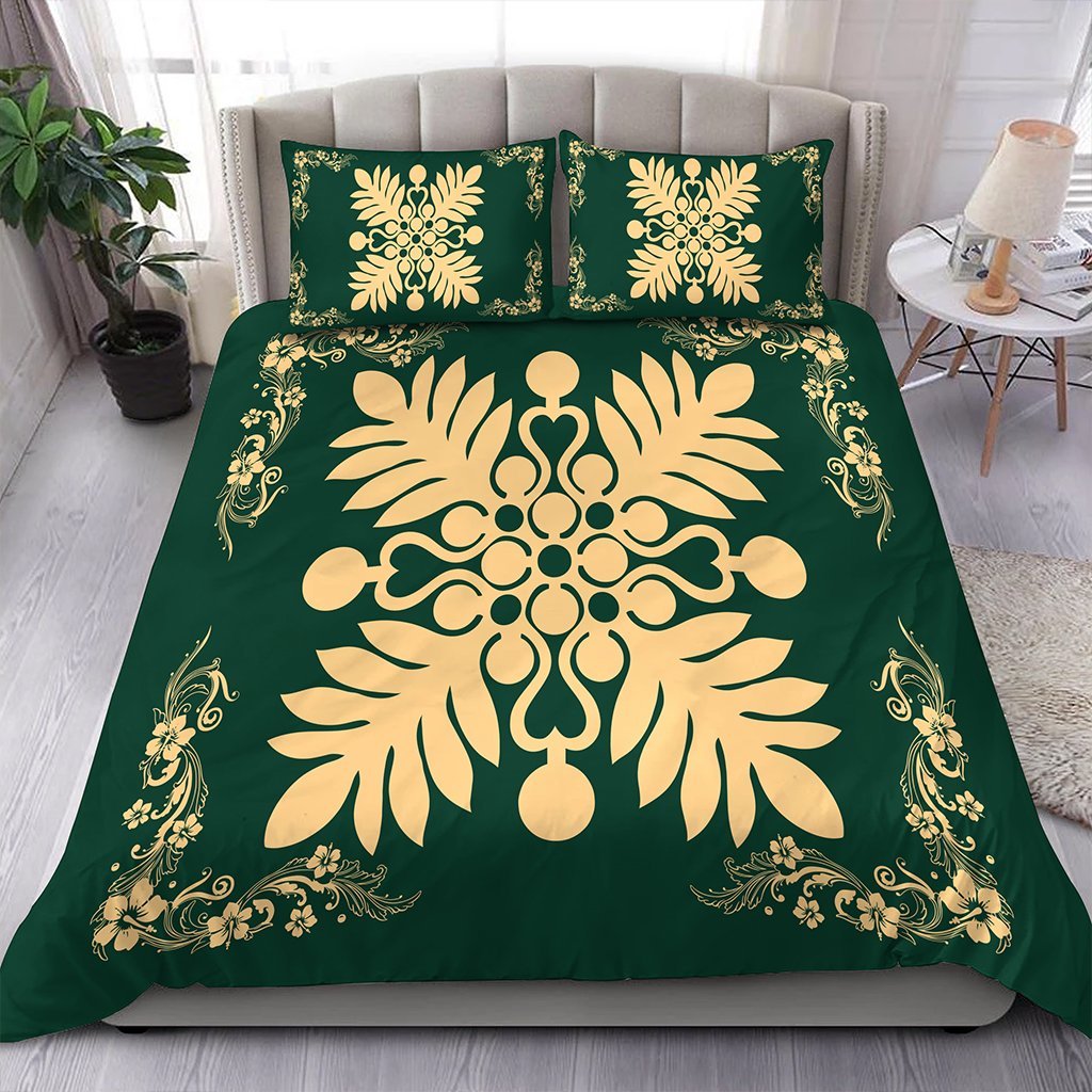 Hawaiian Quilt Maui Plant And Hibiscus Pattern Bedding Set - Beige Sacramento - AH Beige - Polynesian Pride