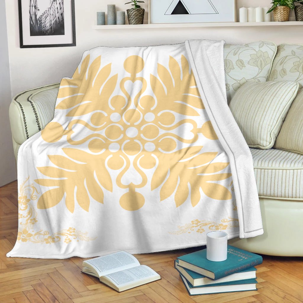 Hawaiian Quilt Maui Plant And Hibiscus Premium Blanket - Beige White - AH White - Polynesian Pride