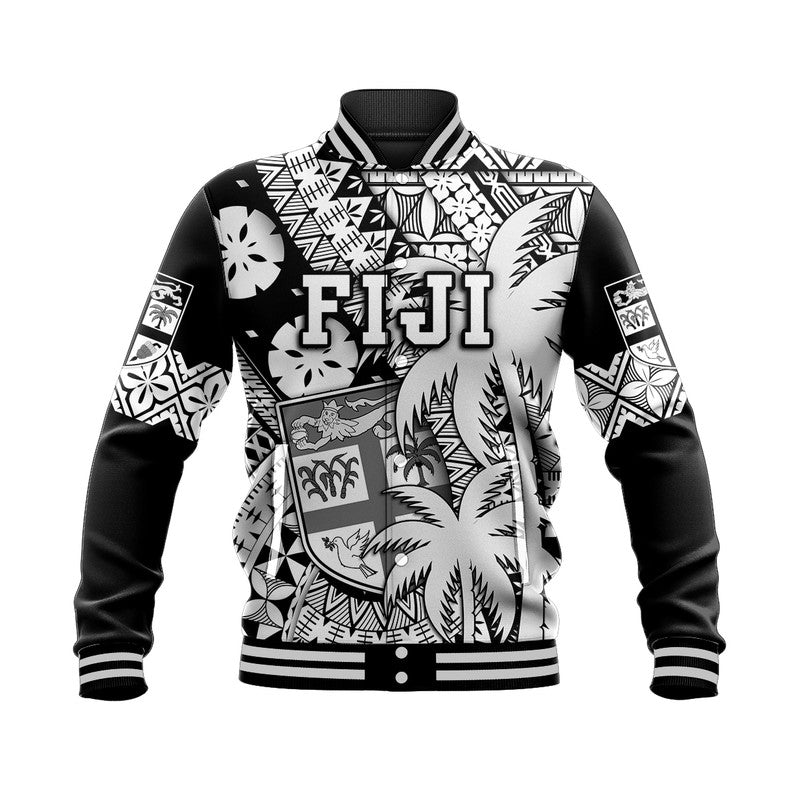 (Custom Personalised) Fiji Coat Of Arms Baseball Jacket Masi Tapa Mixed Palm Tree No1 Black Version LT9 Unisex Black - Polynesian Pride