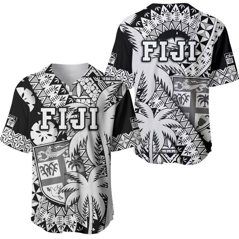 Fiji Coat Of Arms Baseball Jersey Masi Tapa Mixed Palm Tree No1 Black Version LT9 Black - Polynesian Pride