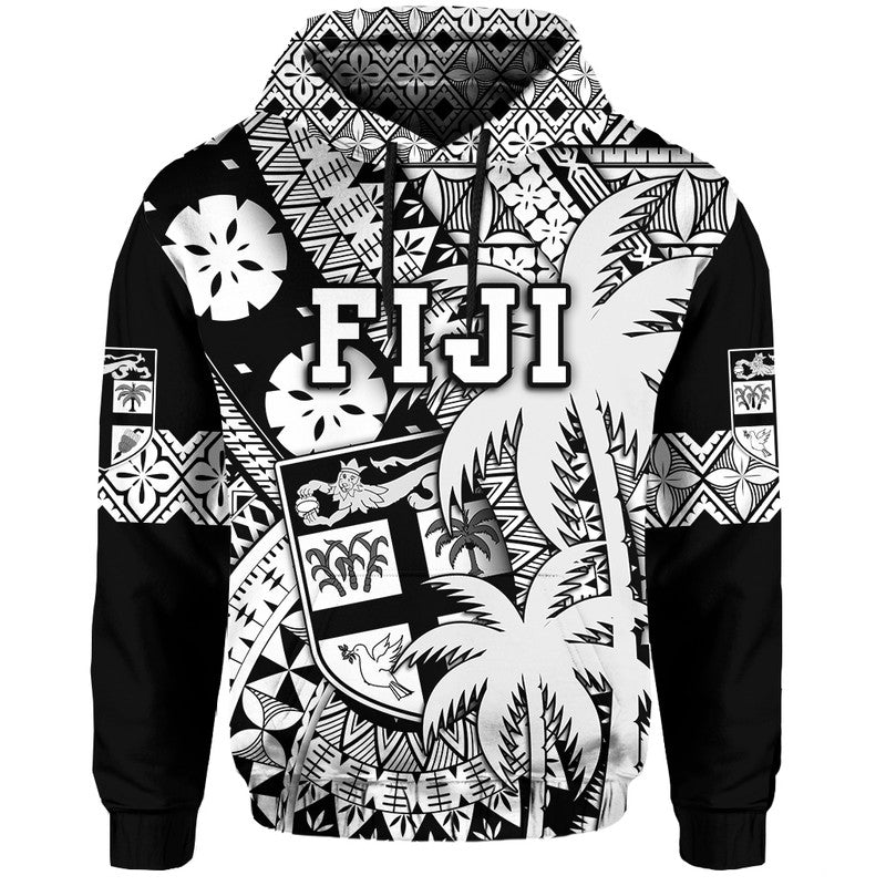 Fiji Coat of Arms Hoodie Masi Tapa Mixed Palm Tree No1 Black Version LT9 Hoodie Black - Polynesian Pride