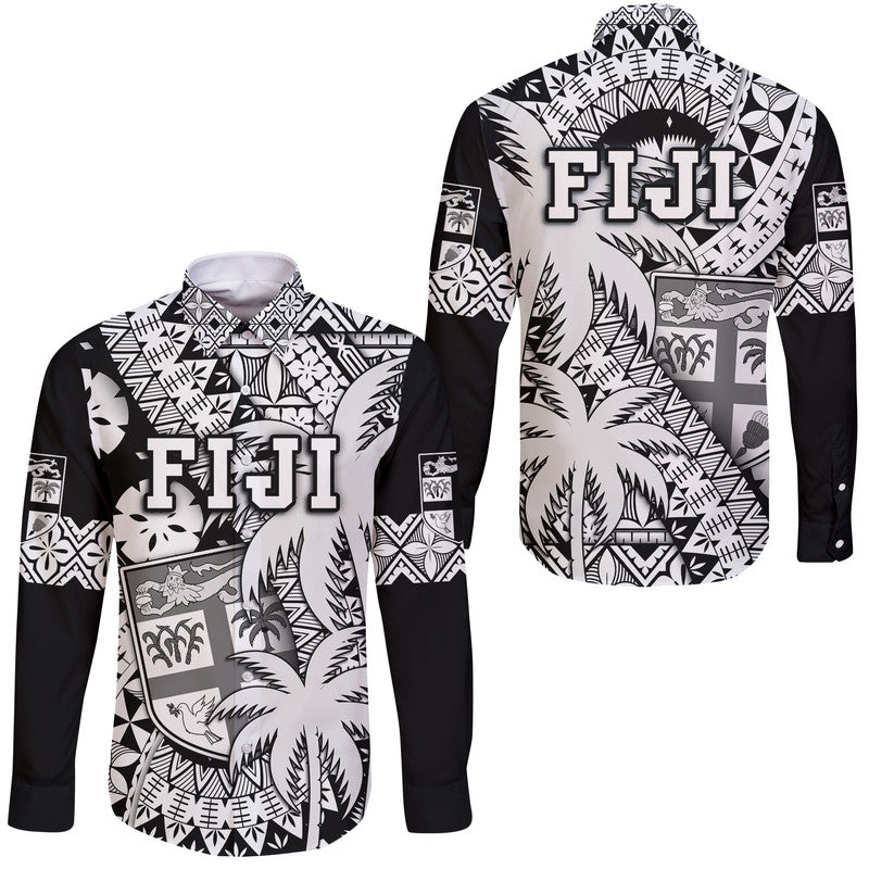 Fiji Coat Of Arms Hawaii Long Sleeve Button Shirt Masi Tapa Mixed Palm Tree No1 Black Version LT9 Unisex Black - Polynesian Pride